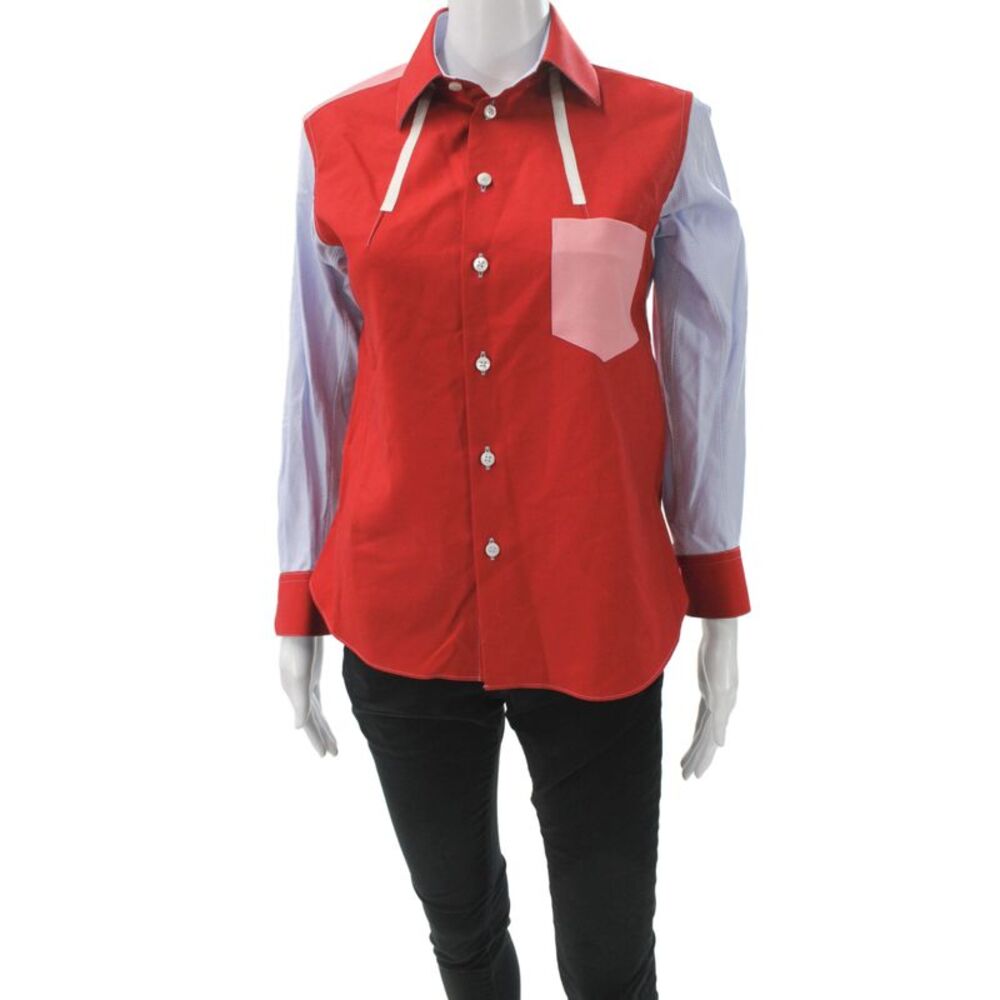 Shiro Sakai Women Red Colorblock Collared Wool Button-Up Long Sleeve Size M